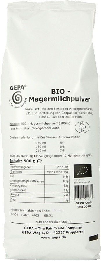 Gepa Bio Magermilchpulver  10 x 500g Instant-Milchpulver, Bio Fairtrade